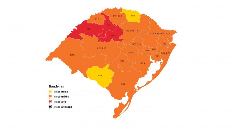 Mapa do distanciamento controlado do RS traz três regiões em vermelho